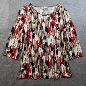 Tradition Top Womens Large Red Tan Feather Print 3/4 Sleeve Knit Stretch Tunic